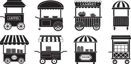 Stylized Silhouette Vector Set of Market Carts, Food Trucks, and Vendor Stalls for Urban Commerceのイラスト素材