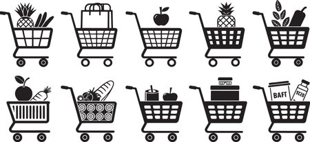 Stylized Silhouette Vector Set of Market Carts, Food Trucks, and Vendor Stalls for Urban Commerceのイラスト素材