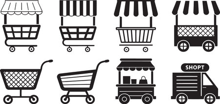 Stylized Silhouette Vector Set of Market Carts, Food Trucks, and Vendor Stalls for Urban Commerceのイラスト素材