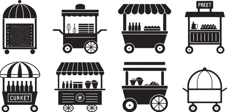 Stylized Silhouette Vector Set of Market Carts, Food Trucks, and Vendor Stalls for Urban Commerceのイラスト素材