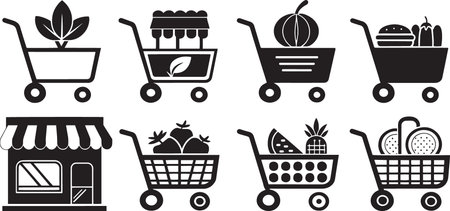 Stylized Silhouette Vector Set of Market Carts, Food Trucks, and Vendor Stalls for Urban Commerceのイラスト素材