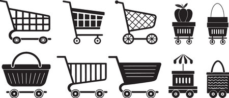 Stylized Silhouette Vector Set of Market Carts, Food Trucks, and Vendor Stalls for Urban Commerceのイラスト素材