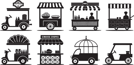 Stylized Silhouette Vector Set of Market Carts, Food Trucks, and Vendor Stalls for Urban Commerceのイラスト素材
