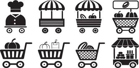 Stylized Silhouette Vector Set of Market Carts, Food Trucks, and Vendor Stalls for Urban Commerceのイラスト素材