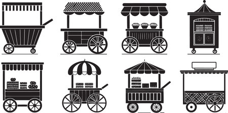 Stylized Silhouette Vector Set of Market Carts, Food Trucks, and Vendor Stalls for Urban Commerceのイラスト素材