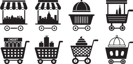 Stylized Silhouette Vector Set of Market Carts, Food Trucks, and Vendor Stalls for Urban Commerceのイラスト素材