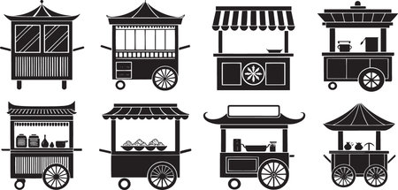 Stylized Silhouette Vector Set of Market Carts, Food Trucks, and Vendor Stalls for Urban Commerceのイラスト素材