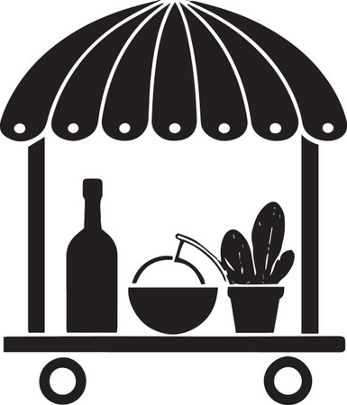 Illustration of a food cart with a bottle of wine and a coconutのイラスト素材