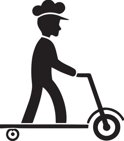 Black silhouette of a man with a scooter on a skateboardのイラスト素材