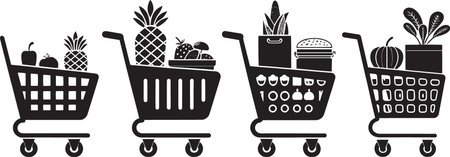 Stylized Silhouette Vector Set of Market Carts, Food Trucks, and Vendor Stalls for Urban Commerceのイラスト素材