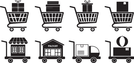 Stylized Silhouette Vector Set of Market Carts, Food Trucks, and Vendor Stalls for Urban Commerceのイラスト素材