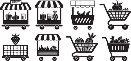 Stylized Silhouette Vector Set of Market Carts, Food Trucks, and Vendor Stalls for Urban Commerceのイラスト素材