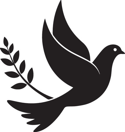 Dove with olive branch and olive branch. Black and white vector illustration.のイラスト素材