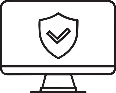 Black Computer monitor with shield icon isolated on white background. Security, safety, protection concept. Vector Illustrationのイラスト素材