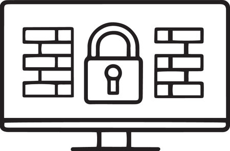 Black line Lock on computer monitor screen icon isolated on white background. Security, safety, protection concept. Vector Illustrationのイラスト素材