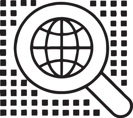 Black Magnifying glass with globe icon isolated on white background. Analyzing the world. Global search sign. Vector Illustrationのイラスト素材