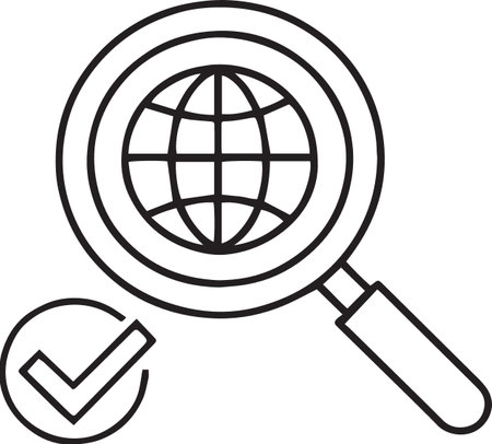 Black line Magnifying glass with globe icon isolated on white background. Analyzing the world. Global search sign. Vector Illustrationのイラスト素材