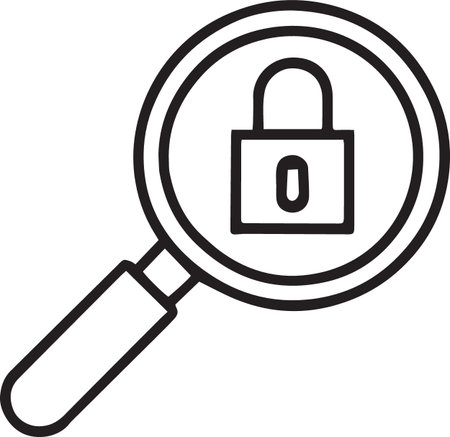 Black line Magnifying glass and lock icon isolated on white background. Security, safety, protection concept. Vector Illustrationのイラスト素材