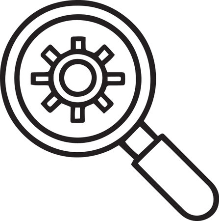Black line Magnifying glass and gear icon isolated on white background. Adjusting, service, setting, maintenance, repair, fixing. Vector Illustrationのイラスト素材
