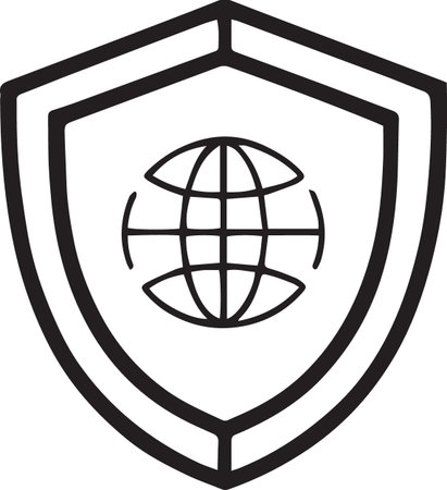 Black Shield with world globe icon isolated on white background. Security, safety, protection, privacy concept. Vector Illustrationのイラスト素材