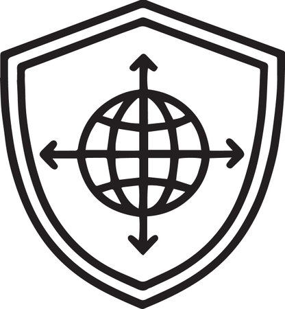 Black Shield with globe icon isolated on white background. Security, safety, protection, privacy concept. Vector Illustrationのイラスト素材