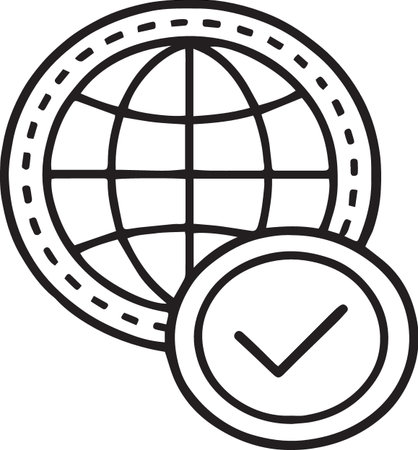 Black line Globe and check mark icon isolated on white background. Vector Illustrationのイラスト素材