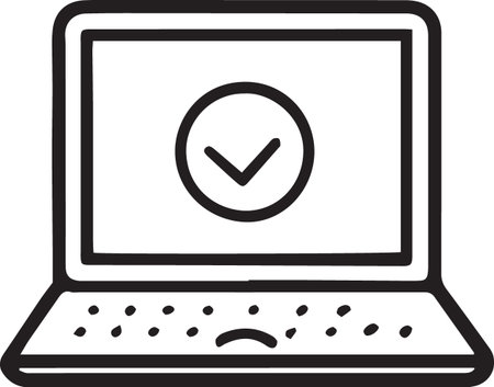 Black line Laptop with check mark icon isolated on white background. Computer notebook with check mark. Vector Illustrationのイラスト素材