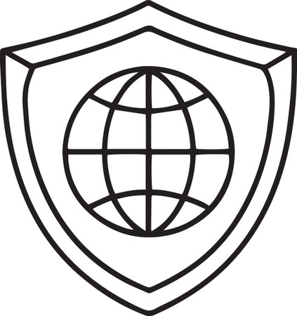 Black line Shield with globe icon isolated on white background. Security, safety, protection, privacy concept. Vector Illustrationのイラスト素材