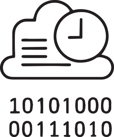 Black line Cloud computing with clock icon isolated on white background. Security, safety, protection concept. Vector Illustrationのイラスト素材