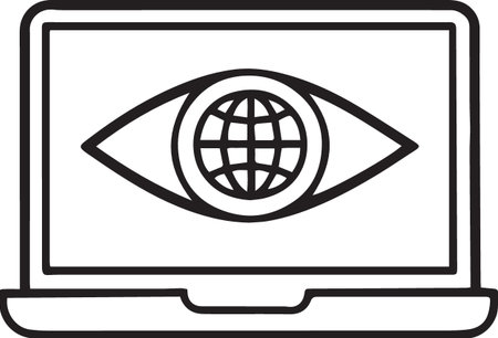 Black line Laptop with eye icon isolated on white background. Computer notebook with eye sign. Vector Illustrationのイラスト素材
