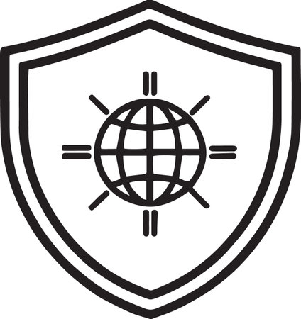 Black line Shield with globe icon isolated on white background. Security, safety, protection, privacy concept. Vector Illustrationのイラスト素材