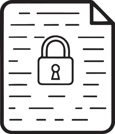Black line Document and lock icon isolated on white background. File format and padlock. Security, safety, protection concept. Vector Illustrationのイラスト素材