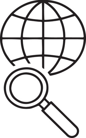 Black line Magnifying glass with globe icon isolated on white background. Analyzing the world. Global search sign. Vector Illustrationのイラスト素材