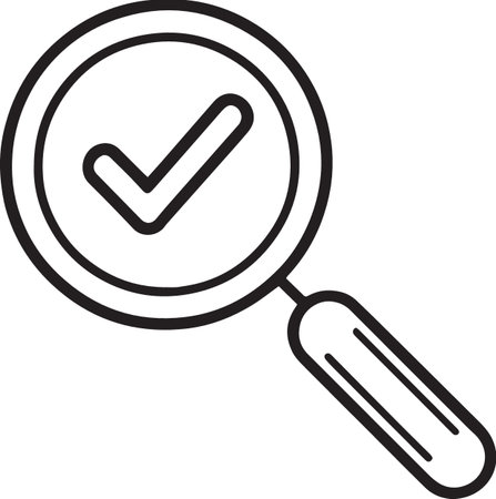 Black line Magnifying glass with check mark icon isolated on white background. Vector Illustrationのイラスト素材