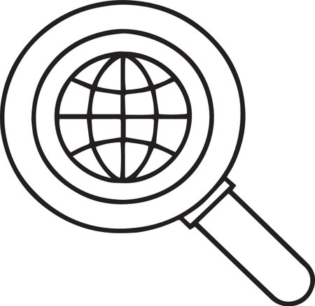 Black line Magnifying glass with globe icon isolated on white background. Analyzing the world. Global search sign. Vector Illustrationのイラスト素材