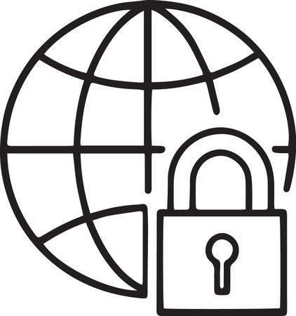 Black line Globe and lock icon isolated on white background. Security, safety, protection concept. Safe internetwork. Vector Illustrationのイラスト素材