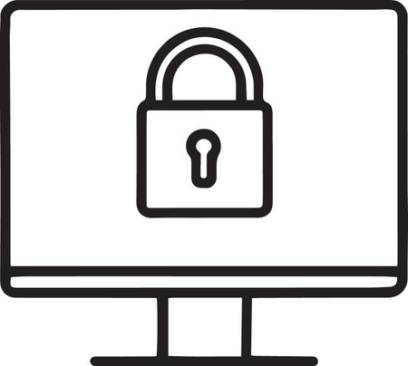 Black line Lock on computer monitor icon isolated on white background. Padlock sign. Security, safety, protection concept. Vector Illustrationのイラスト素材