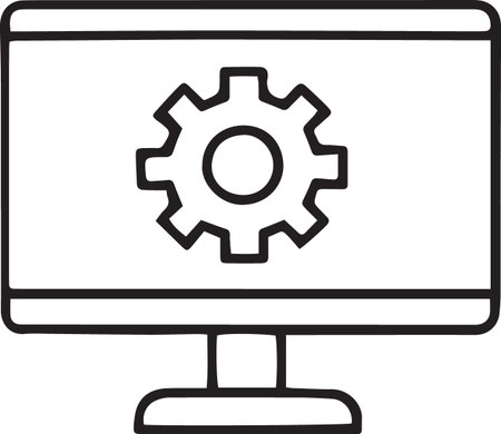 Black line Computer monitor and gear icon isolated on white background. Adjusting app, service concept, setting options, maintenance, repair, fixing. Vector Illustrationのイラスト素材