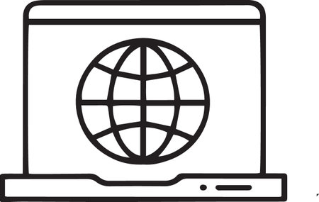 Black line Laptop with globe icon isolated on white background. Internet communication protocol. Vector Illustrationのイラスト素材