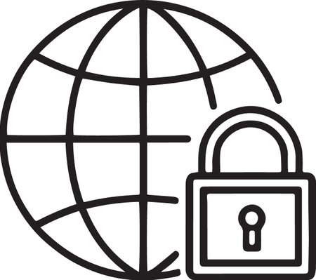Black line Globe and lock icon isolated on white background. Security, safety, protection concept. Safe internetwork. Vector Illustrationのイラスト素材