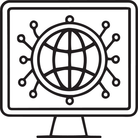Black line Earth globe on computer monitor icon isolated on white background. World or Earth sign. Global internet symbol. Geometric shapes. Vector Illustrationのイラスト素材