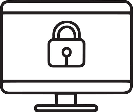 Black line Lock on computer monitor screen icon isolated on white background. Padlock sign. Security, safety, protection concept. Vector Illustrationのイラスト素材