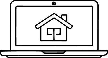 Laptop with home icon on the screen isolated on white background.のイラスト素材
