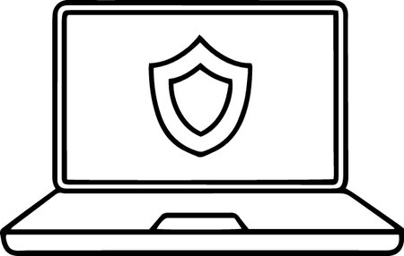 Laptop with shield icon isolated on white background. Computer security concept. Vector Illustrationのイラスト素材