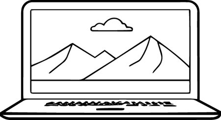 Laptop with mountains on screen. Isolated on white background.のイラスト素材