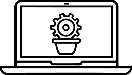 Laptop computer with gear wheel and cactus in pot on screenのイラスト素材