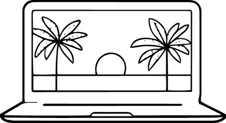 Laptop with palm trees on the screen on a white background.のイラスト素材