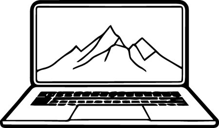 Laptop with mountains on the screen isolated on white background. Vector illustrationのイラスト素材