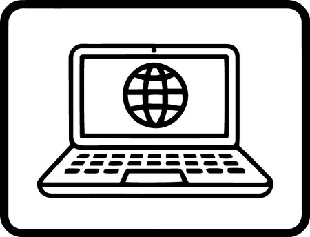 Laptop with globe on screen, black and white vector illustration.のイラスト素材