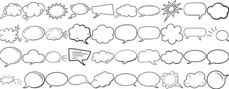 Set of black and white comic speech bubbles in doodle styleのイラスト素材